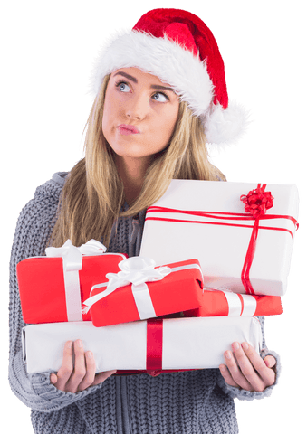 Festive Blonde Surrounded by Wrapped Holiday Gifts on Transparent Background