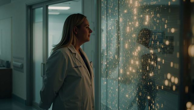 Female clinician examining interactive glowing data panel hospital corridor ai interface
