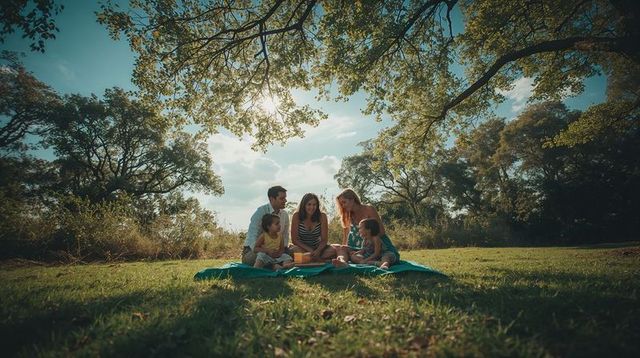 Family enjoying summer picnic under shady oak tree sharing snacks on teal blanket