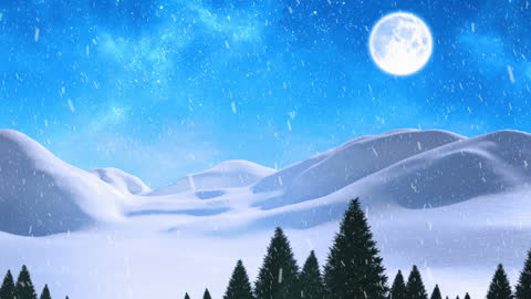 Snowy Landscape with Santa Claus and Reindeer in Moonlit Night