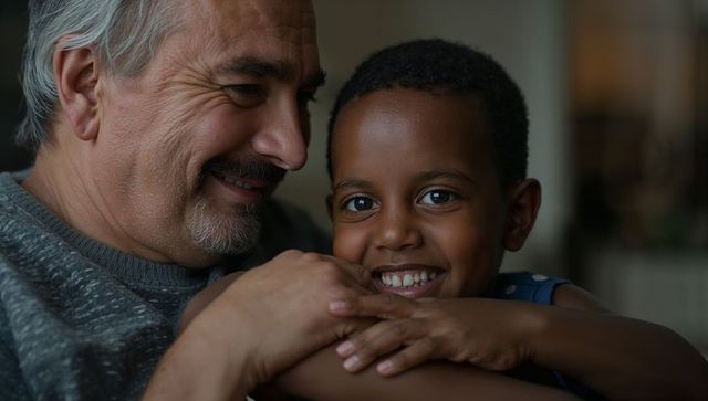 Senior man embracing smiling child, multiracial family bonding at home, tender moment