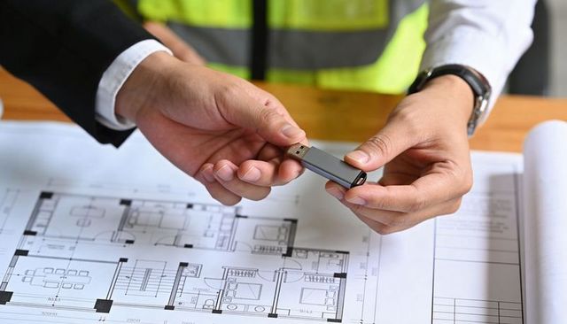 Architect and manager exchanging usb drive over construction blueprints during handover