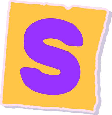 Stylized purple s on mustard square with transparent background