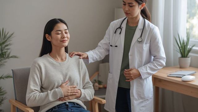 Patient practicing deep breathing during compassionate doctor consultation in calm office