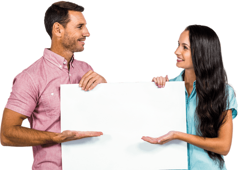 smiling couple holding blank white sign on transparent background - Download Free Stock Videos Pikwizard.com