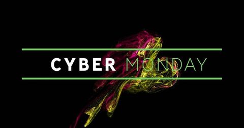 Cyber monday neon banner with magenta smoke, minimal green bars and bold typographic design