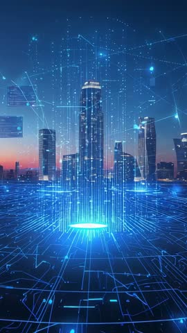 Vertical holographic cityscape rising from neon circuit grid, digital network animation