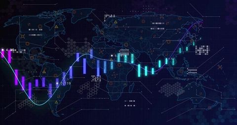 Neon Candlestick Market Dashboard Over Global Map with Glowing Trend Line and Data Points