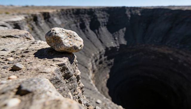 Solitary rock perching on crater rim overlooking deep geological sinkhole