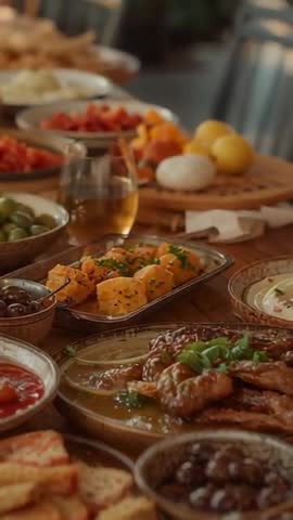 Vertical video slow pan showing rustic wooden table with appetizers, roasted meat and amber drink