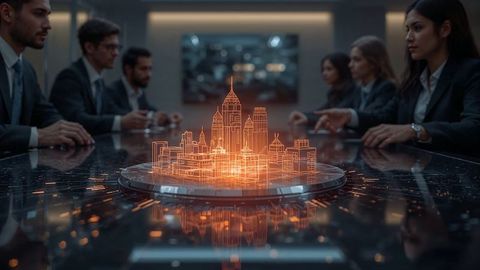 Business meeting on futuristic city development with holographic model