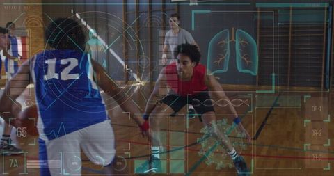 Intense Basketball Match with HUD Overlays in Sports Arena