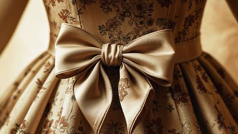 Close-up of satin bow on beige floral dress with elegant pleats