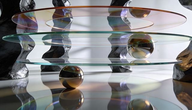 Iridescent Glass Discs Stacking Over Chrome Spheres with Reflective Wavy Black Pillars