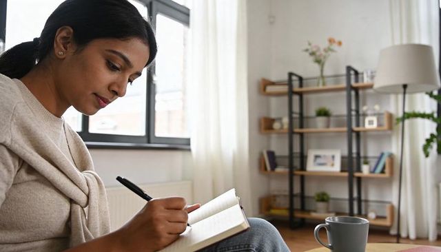 Calm indian woman journaling in bright minimalist living room with mug and bookshelf