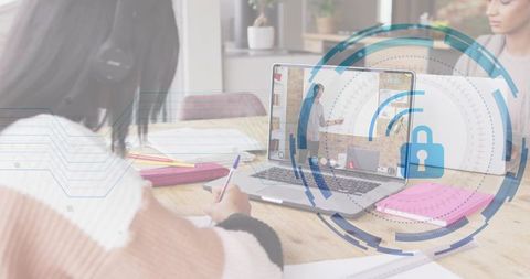Teen studying during online class with laptop and tech overlay