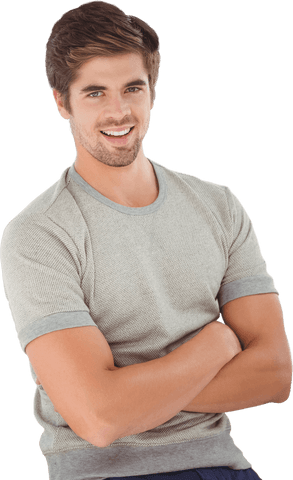 Confident young man with arms crossed on white transparent background