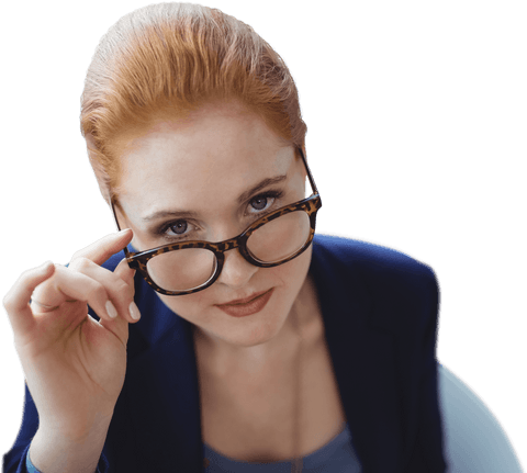 Confident Businesswoman in Transparent Glasses Looking Up