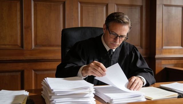 Serious judge reviewing legal documents at wooden courtroom bench wearing black robe, glasses