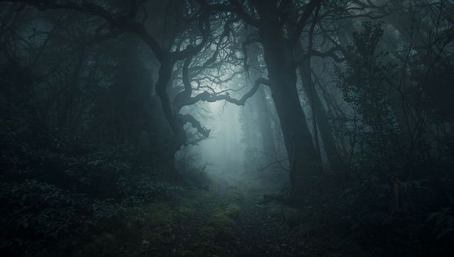 Mysterious Foggy Forest with Twisted Trees and Mossy Path