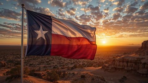 Texas Flag Waving Over Sunlit Canyon Desert Landscape at Sunset