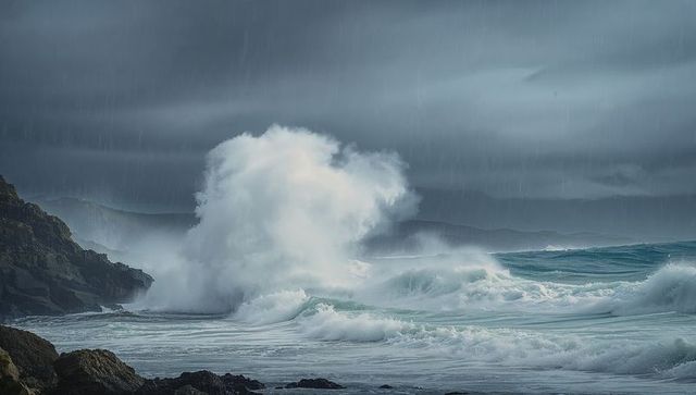 Powerful ocean waves crashing against rugged stormy coastline