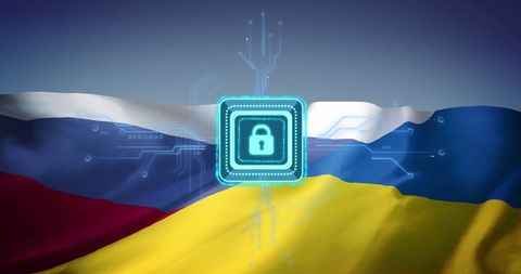 Cyber Security Concept with Russia and Ukraine Flags Background