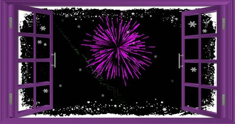 Festive Fireworks Through Open Window on Starry Night