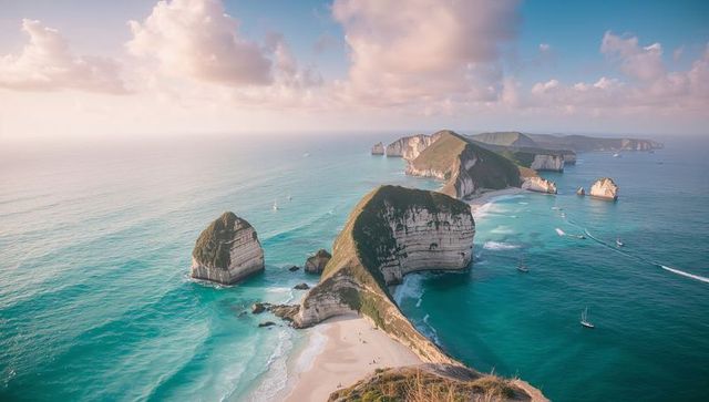Aerial panorama of limestone headlands and sea stacks over turquoise ocean with sailboats