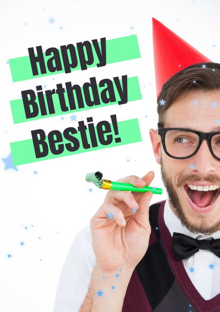 Man Celebrating Birthday with Party Hat and Noise Maker - Download Free Stock Templates Pikwizard.com