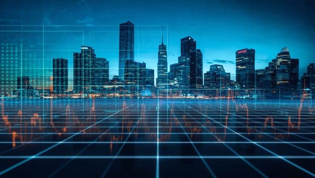 Futuristic digital cityscape at dusk with reflective grid