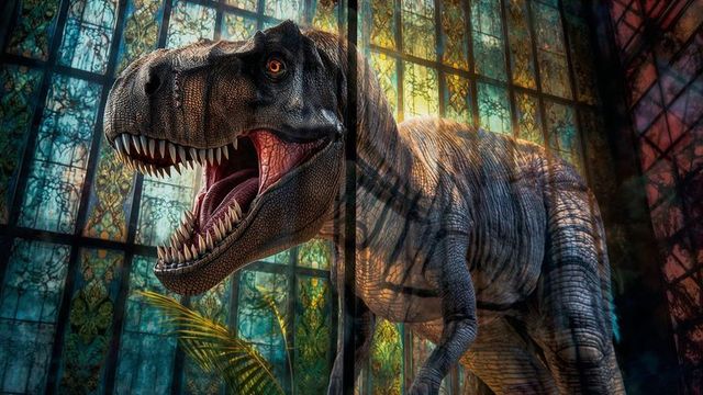 Majestic t-rex roaring in stained glass house