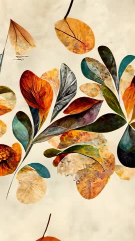 Rotating Autumn Leaf Cluster Drifting Over Parchment in Teal and Orange Palette