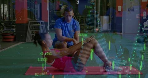 Female trainee performing crunches with personal trainer and financial chart overlay
