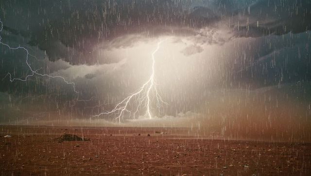 Lightning Strike Illuminates Desert during Dramatic Storm