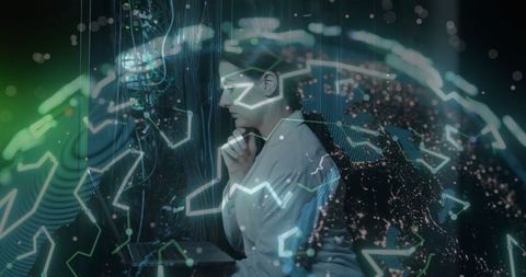 IT Engineer Examining Server Racks with Holographic Globe in Data Center