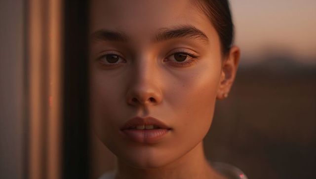 Gazing young woman bathed in golden hour window light close-up headshot warm tones