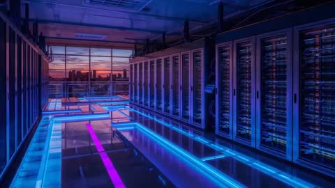 Futuristic Data Center with LED Lights at Sunset