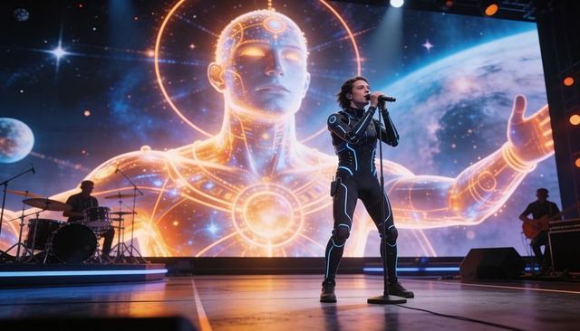 Futuristic singer performing on neon stage with cosmic led visuals and band