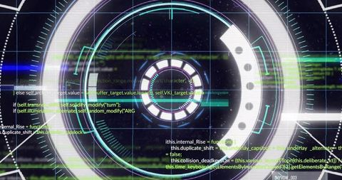 Displaying futuristic holographic hud with radial telemetry, glitch code overlay cyberpunk