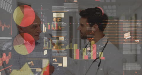 Doctors Discussing Healthcare Innovations with Data Overlay