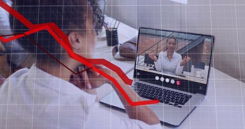 Business presenter leading video call while red downward graph shows financial decline