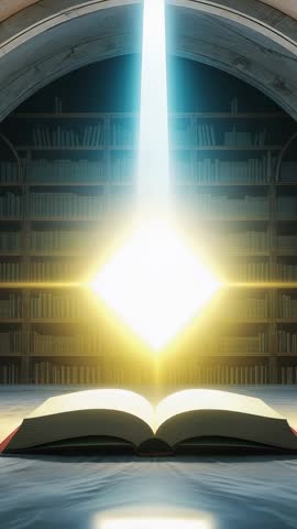 Vertical video of descending beam forming diamond-shaped glow above open book in antique library