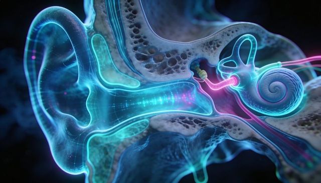 Translucent 3d inner ear cross-section highlighting cochlea, ossicles, auditory canal