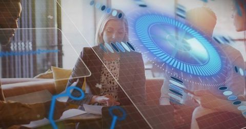 Business team collaborating with holographic HUD and digital analytics in modern lounge