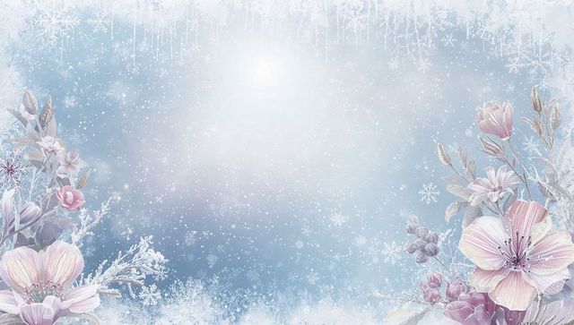 Frosty pastel winter border featuring glowing sky and falling snowflakes with pink blossoms