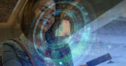 Woman Interacting AR Interface Above Smartphone in Tech Demo Area