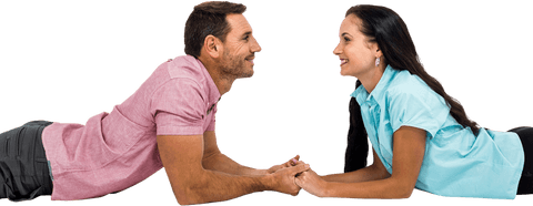 Smiling couple holding hands laying on transparent background