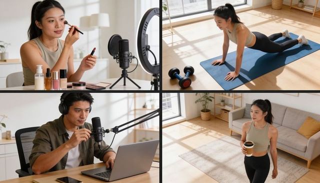 Beauty and fitness creator producing makeup tutorial and home workout livestream