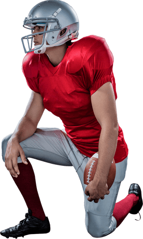 Transparent american football player kneeling with ball